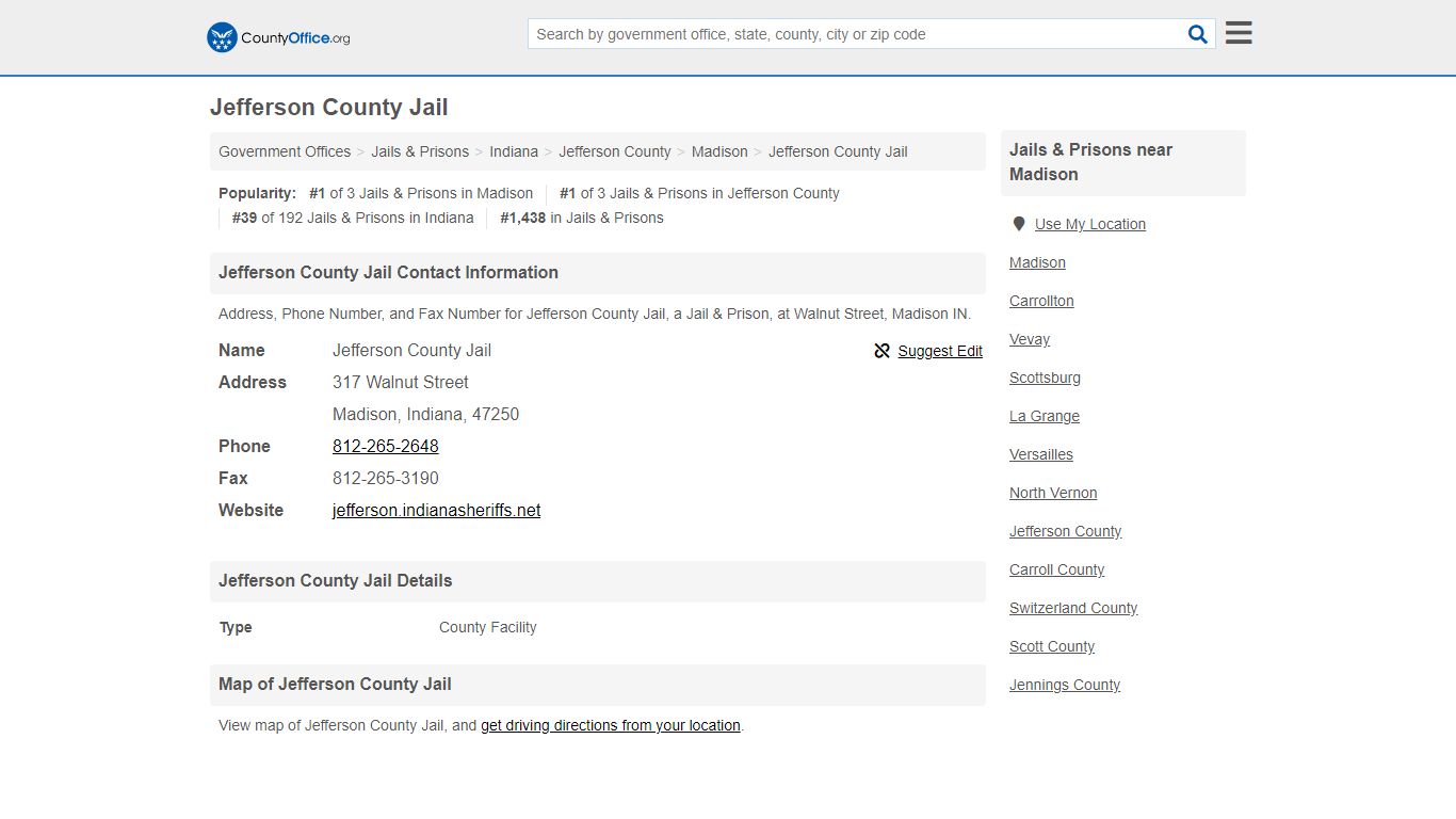 Jefferson County Jail - Madison, IN (Address, Phone, and Fax)